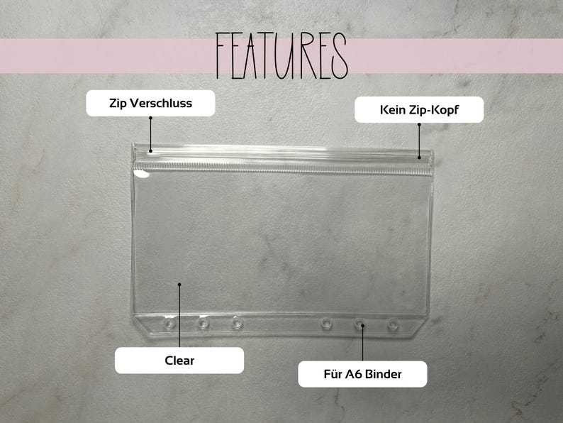 May include: Clear plastic A6 binder pouch with a zipper closure. The pouch has a zipper closure but no zipper pull.  Features:  Zip Verschluss, Kein Zip-Kopf, Clear, F&uuml;r A6 Binder