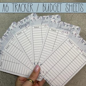 Könnte beinhalten: Fünf A6 Budget-Tracker-Blätter mit floralem Design. Die Blätter sind mit "Essen gek", "Drogerie", "Tanken", "Lebensmittel" und "Summe" beschriftet.