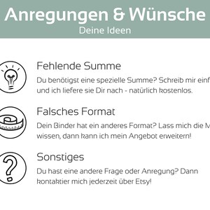 May include: A graphic with three icons and text in German. The icons are a lightbulb, a measuring tape, and a question mark. The text says "Anregungen & W&uuml;nsche" which translates to "Suggestions & Wishes" in English. The text also says "Deine Ideen" which translates to "Your Ideas" in English. The text below the icons says "Fehlende Summe", "Falsches Format", and "Sonstiges".