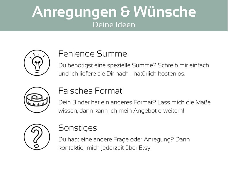 May include: A graphic with three icons and text in German. The icons are a lightbulb, a measuring tape, and a question mark. The text says "Anregungen & W&uuml;nsche" which translates to "Suggestions & Wishes" in English. The text also says "Deine Ideen" which translates to "Your Ideas" in English. The text below the icons says "Fehlende Summe", "Falsches Format", and "Sonstiges".
