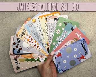 Jahres Set 2.0 Challenges, Jahres Challenge mit Tracker für A6 Budget Binder, A6 Zipper Umschlagmethode