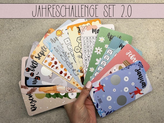 Jahres Set Challenges, Jahres Challenge mit Tracker für A6 Budget Binder, A6 Zipper Umschlagmethode