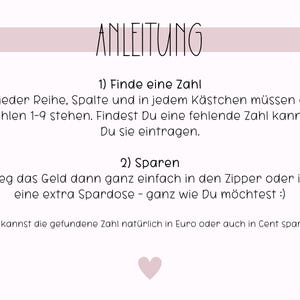 May include: A pink and white illustrated instruction sheet with the German word "Anleitung" at the top. The instructions are for a game or activity that involves finding missing numbers and saving money.