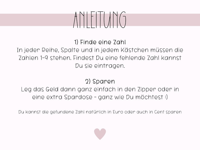 May include: A pink and white illustrated instruction sheet with the German word "Anleitung" at the top. The instructions are for a game or activity that involves finding missing numbers and saving money.