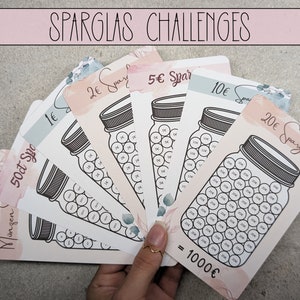 Sparglas Sparchallenges Set 1, 2, 5, 10, 20 .. Euro verschiedene Designs und Tracker, Challenge Sparen, Für A6 Zipper Umschläge