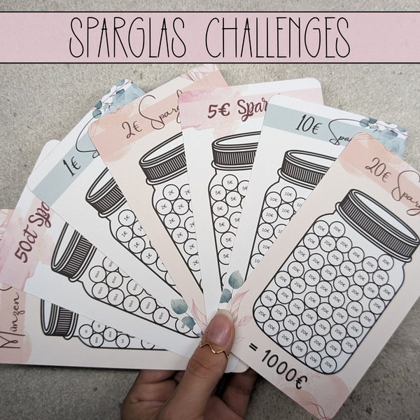 Savings jar savings challenges set 1, 2, 5, 10, 20 .. Euro different designs and trackers, savings challenge, for A6 zipper envelopes