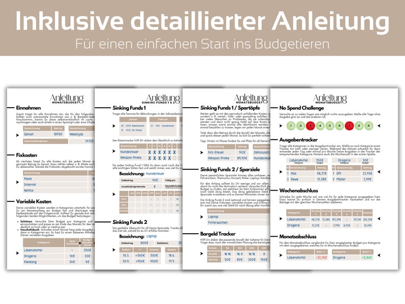 May include: A guide to budgeting with a focus on sinking funds and saving. The guide includes sections on income, expenses, fixed costs, variable costs, no-spend challenges, and tracking spending. The guide is in German.