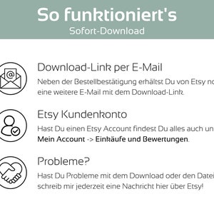May include: A graphic with instructions on how to download digital items purchased on Etsy. The graphic includes icons for email, a user account, and a handshake. The text reads "So funktioniert's" (German for "How it works") and "Sofort-Download" (German for "Instant Download").