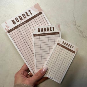 Könnte beinhalten: Drei Budgetplanungsbögen in verschiedenen Größen, gehalten von einer Hand. Die Bögen sind weiß mit braunem Text und Linien und tragen oben das Wort "BUDGET". Die Bögen haben ein rosa Blumendesign.