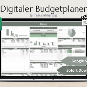 Puede incluir: Un planificador de presupuesto digital en la pantalla de una computadora port&aacute;til, con una interfaz de hoja de c&aacute;lculo con tablas, gr&aacute;ficos de barras y un gr&aacute;fico circular para el seguimiento financiero. La pantalla incluye texto como Digitaler Budgetplaner y Google Sheets.