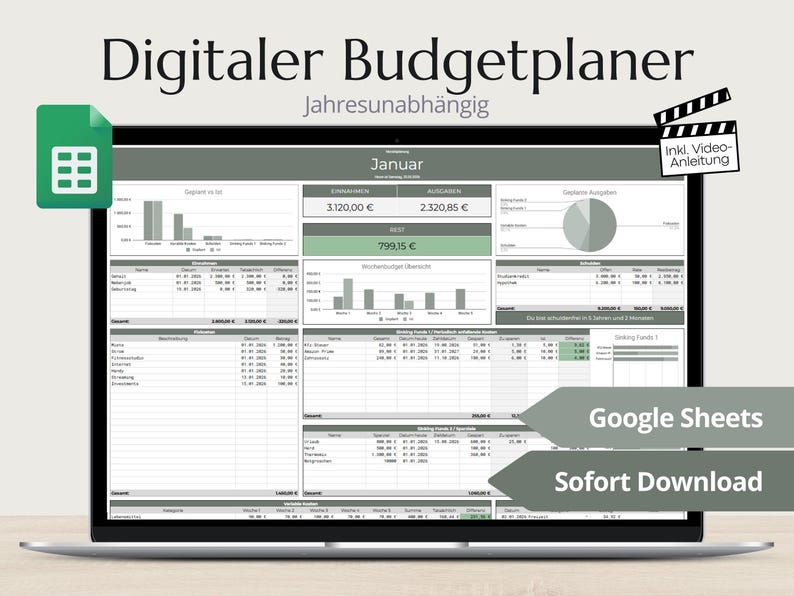 Puede incluir: Un planificador de presupuesto digital en la pantalla de una computadora port&aacute;til, con una interfaz de hoja de c&aacute;lculo con tablas, gr&aacute;ficos de barras y un gr&aacute;fico circular para el seguimiento financiero. La pantalla incluye texto como Digitaler Budgetplaner y Google Sheets.