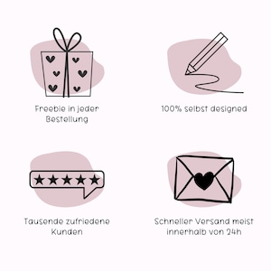 May include: Four illustrations with pink backgrounds and black outlines. The first shows a gift box with hearts, the second shows a pencil drawing a line, the third shows five stars in a speech bubble, and the fourth shows an envelope with a heart. The text below the illustrations reads: "Freebie in every order", "100% self designed", "Thousands of satisfied customers", and "Fast shipping, usually within 24 hours".