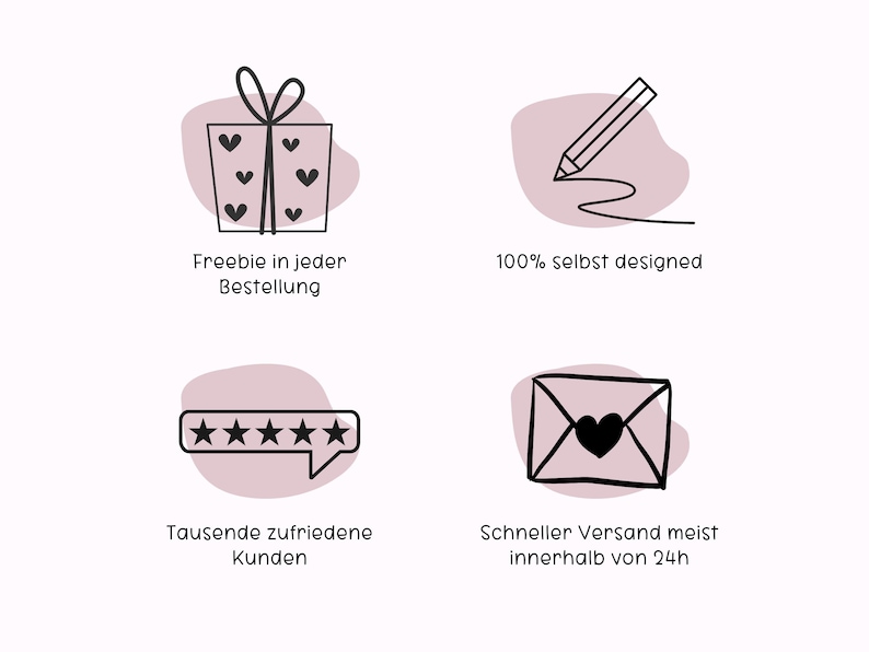 May include: Four illustrations with pink backgrounds and black outlines. The first shows a gift box with hearts, the second shows a pencil drawing a line, the third shows five stars in a speech bubble, and the fourth shows an envelope with a heart. The text below the illustrations reads: "Freebie in every order", "100% self designed", "Thousands of satisfied customers", and "Fast shipping, usually within 24 hours".