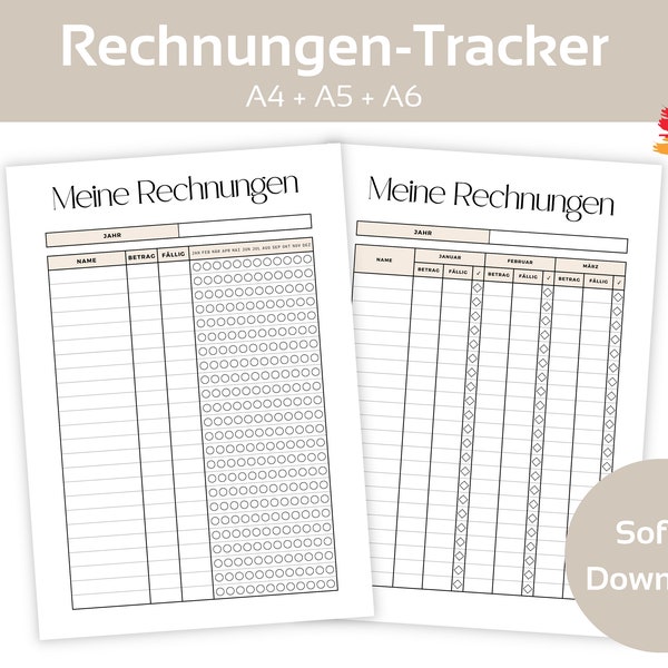 Rechnungen Tracker Deutsch A4, A5+A6, Finanzplaner zum Ausdrucken, Spartracker, Haushaltsbuch, Bill Tracker, Fixkosten, Sofort Download PDF