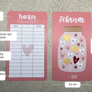 May include: Pink and white tracker card with a heart design and a grid for tracking dates and sums. The back of the card features a jar with hearts for February. The card measures 8.3 cm by 14.5 cm.
