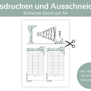 May include: Printable Christmas tree challenge with a checklist for each ornament. The printable includes a Christmas tree with 100 ornaments and two checklists with the text "Tannenbaum Challenge". The text "100&euro;" is written next to the tree. The text "Inkl. Hilfslinien f&uuml;r einfaches Ausschneiden" is written in the bottom right corner.