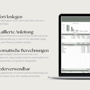 Puede incluir: Una pantalla de port&aacute;til que muestra una hoja de c&aacute;lculo de presupuesto digital con gr&aacute;ficos, tablas y datos financieros. A la izquierda, texto en alem&aacute;n describe caracter&iacute;sticas como acceso instant&aacute;neo, instrucciones detalladas, c&aacute;lculos autom&aacute;ticos y reutilizaci&oacute;n.