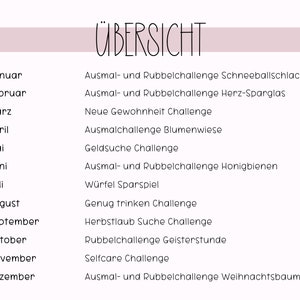 May include: A monthly calendar with a list of activities for each month of the year. The activities include challenges such as "Ausmal- und Rubbelchallenge Schneeballschlacht" and "Neue Gewohnheit Challenge".