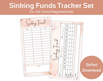 May include: A printable sinking fund tracker set with a pink and white floral design. The set includes two pages: one for tracking monthly contributions and one for tracking the total amount saved. The text "Sinking Fund" is written in a cursive font on both pages.