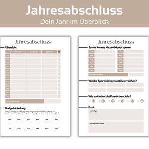 May include: A printable year-end review worksheet in brown and white with the title "Jahresabschluss" which means "Year-End Review" in German. The worksheet includes sections for monthly income and expenses, savings goals, and overall satisfaction with the year.