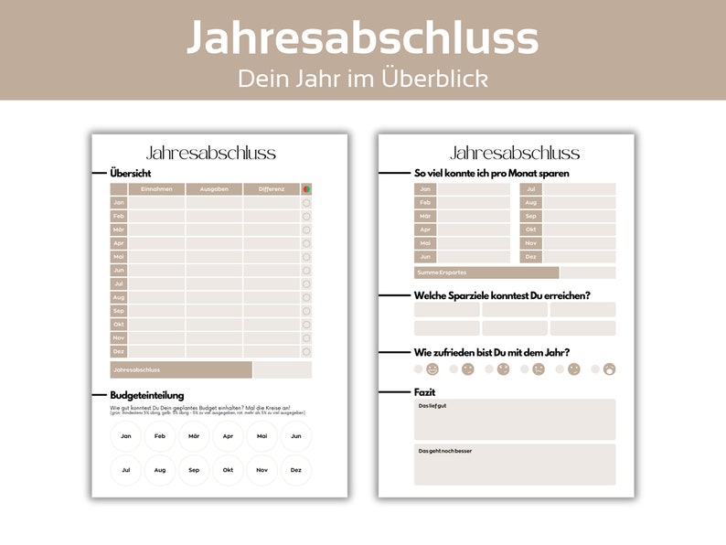 May include: A printable year-end review worksheet in brown and white with the title "Jahresabschluss" which means "Year-End Review" in German. The worksheet includes sections for monthly income and expenses, savings goals, and overall satisfaction with the year.
