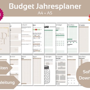 May include: A beige and brown printable budget planner with the text "Budget Jahresplaner" and "NEU" in red. The planner includes 154 pages and comes with instructions. The planner is available for immediate download.