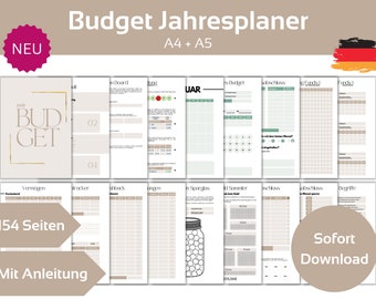 May include: A beige and brown printable budget planner with the text "Budget Jahresplaner" and "NEU" in red. The planner includes 154 pages and comes with instructions. The planner is available for immediate download.