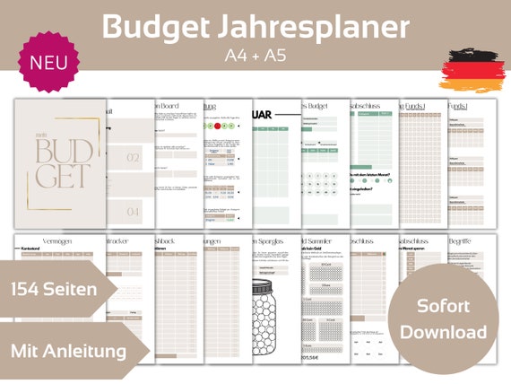 NEU Budget Jahresplaner 154 Seiten, Deutsch A4+A5, 12 Monate inkl Anleitung, Finanzplaner zum Ausdrucken, Haushaltsbuch, Monatliches Budget