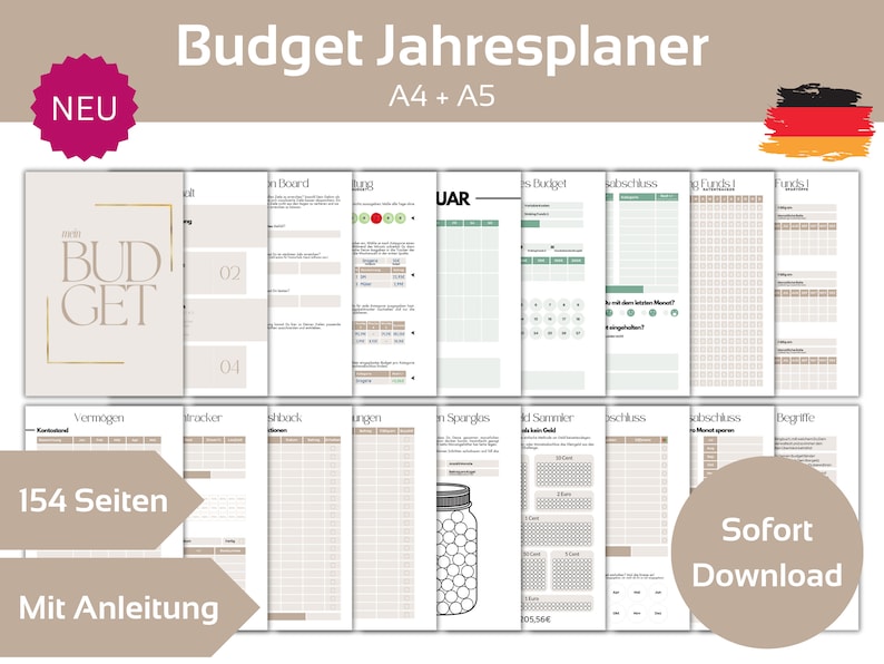 May include: A beige and brown printable budget planner with the text "Budget Jahresplaner" and "NEU" in red. The planner includes 154 pages and comes with instructions. The planner is available for immediate download.
