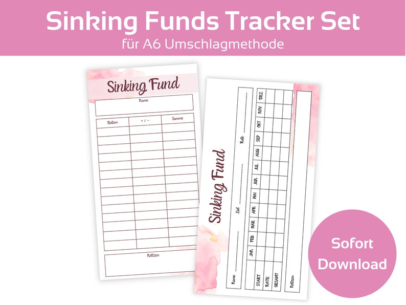 May include: Two printable sheets for a sinking fund tracker set. The sheets are designed for the envelope method and feature a pink watercolour background. The first sheet is a list for tracking savings goals and the second sheet is a calendar for tracking monthly contributions.