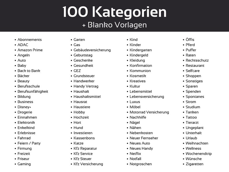 May include: A black and white graphic with the text "100 Kategorien + Blanko Vorlagen" at the top. Below, a list of German words, each starting with a bullet point, covers various topics like hobbies, finance, and leisure.