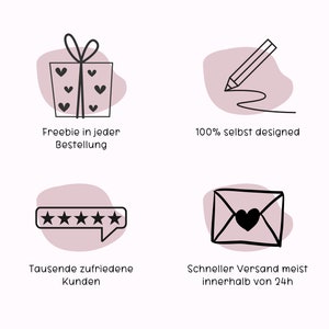 May include: Four icons with pink backgrounds and black outlines. The first icon shows a gift box with a bow and hearts. The text below reads "Freebie in every order". The second icon shows a pencil drawing a line. The text below reads "100% self designed". The third icon shows a speech bubble with five stars. The text below reads "Thousands of satisfied customers". The fourth icon shows an envelope with a heart. The text below reads "Fast shipping, usually within 24 hours".