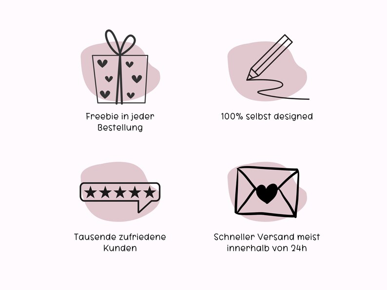 May include: Four icons with pink backgrounds and black outlines. The first icon shows a gift box with a bow and hearts. The text below reads "Freebie in every order". The second icon shows a pencil drawing a line. The text below reads "100% self designed". The third icon shows a speech bubble with five stars. The text below reads "Thousands of satisfied customers". The fourth icon shows an envelope with a heart. The text below reads "Fast shipping, usually within 24 hours".