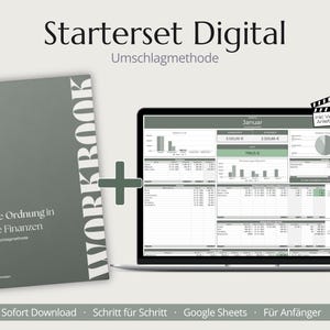 May include: A digital finance starter set featuring a sage green workbook with the text 'WORKBOOK' and 'Bringe Ordnung in Deine Finanzen', paired with a laptop displaying a spreadsheet dashboard for January, including a video tutorial icon.