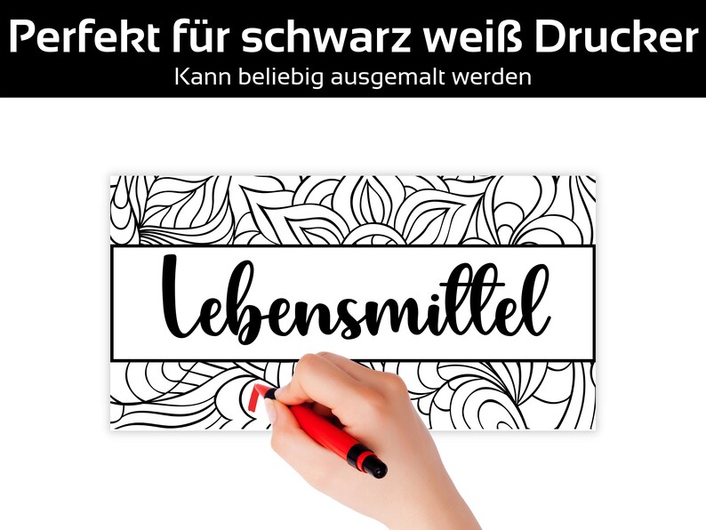 May include: Black and white coloring page with the word "Lebensmittel" in a rectangular box. The background features a floral design. The text at the top says "Perfekt f&uuml;r schwarz wei&szlig; Drucker" and "Kann beliebig ausgemalt werden". A hand is drawing with a red marker.