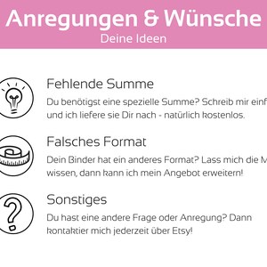 May include: A pink and white graphic with the text "Anregungen & W&uuml;nsche" and "Deine Ideen".  Three icons with text below each icon: a lightbulb with "Fehlende Summe", a measuring tape with "Falsches Format", and a question mark with "Sonstiges".