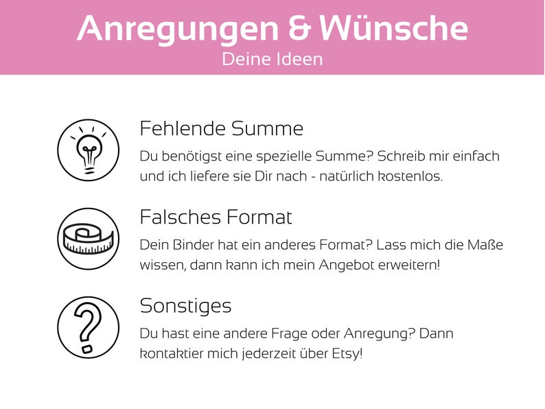 May include: A pink and white graphic with the text "Anregungen & W&uuml;nsche" and "Deine Ideen".  Three icons with text below each icon: a lightbulb with "Fehlende Summe", a measuring tape with "Falsches Format", and a question mark with "Sonstiges".