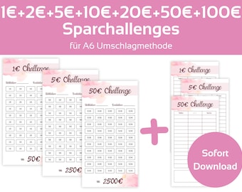 1 + 2 + 5 + 10 + 20 + 50 + 100 Euro Saving Challenges Set Minimalistic Saving Challenges | For A6 Zipper Envelope Method | PDF Download