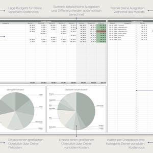 Puede incluir: Una plantilla de hoja de c&aacute;lculo para el seguimiento de presupuestos digitales que incluye una tabla de costes variables, un registro de transacciones y dos gr&aacute;ficos circulares para gastos fijos y variables, con etiquetas en alem&aacute;n.