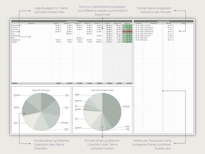 Puede incluir: Una plantilla de hoja de c&aacute;lculo para el seguimiento de presupuestos digitales que incluye una tabla de costes variables, un registro de transacciones y dos gr&aacute;ficos circulares para gastos fijos y variables, con etiquetas en alem&aacute;n.