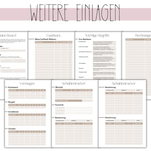 May include: A collection of printable planner inserts with headings in German. The inserts include sections for a vision board, cashback tracking, important terms, and invoices. Other sections include asset tracking and debt tracking. The text "WEITERE EINLAGEN" is at the top.