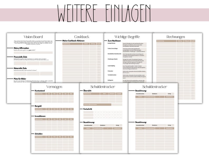 May include: A collection of printable planner inserts with headings in German. The inserts include sections for a vision board, cashback tracking, important terms, and invoices. Other sections include asset tracking and debt tracking. The text "WEITERE EINLAGEN" is at the top.