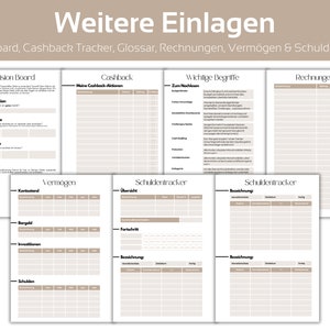 May include: A printable financial planner with sections for a vision board, cashback tracker, glossary, bills, assets, and debt tracker. The pages are beige with black text.