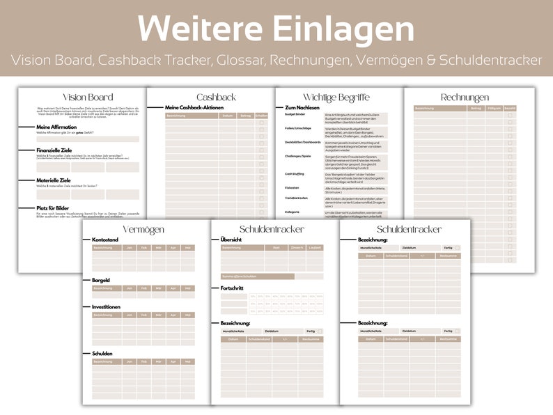 May include: A printable financial planner with sections for a vision board, cashback tracker, glossary, bills, assets, and debt tracker. The pages are beige with black text.