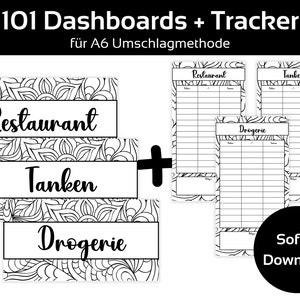 May include: Black and white printable dashboards and trackers for A6 envelope method. The image includes templates labeled "Restaurant", "Tanken", and "Drogerie", along with a "Sofort Download" button. The design features floral patterns.