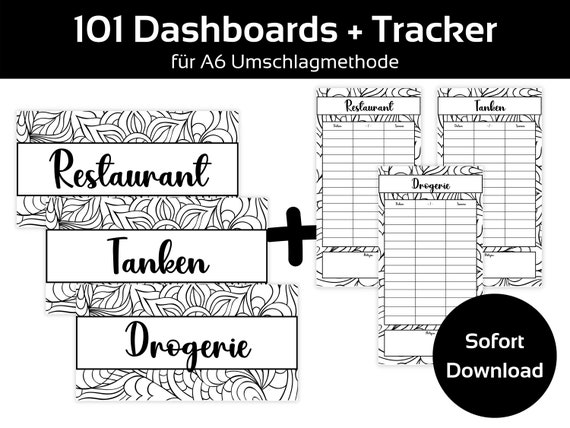 101 Dashboards (Deckblätter) + Tracker im schwarz weiß Design für A6 Umschläge Umschlagmethode im Budget Binder | Digitaler PDF Download