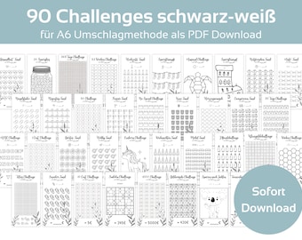 Op de afbeelding: Een set van 90 zwart-witte printbare uitdagingen voor de A6-envelopmethode. De uitdagingen zijn georganiseerd in categorieën zoals "Herhalend voedsel", "Creatieve uitdaging", "Feestmaaltijd" en "Koala-uitdaging". De tekst "Sofort Download" staat in de rechterbenedenhoek van de afbeelding.