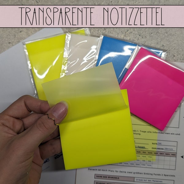 Transparente Notizzettel Postits Notizblöcke, Block in verschiedenen Farben, 50 Blätter