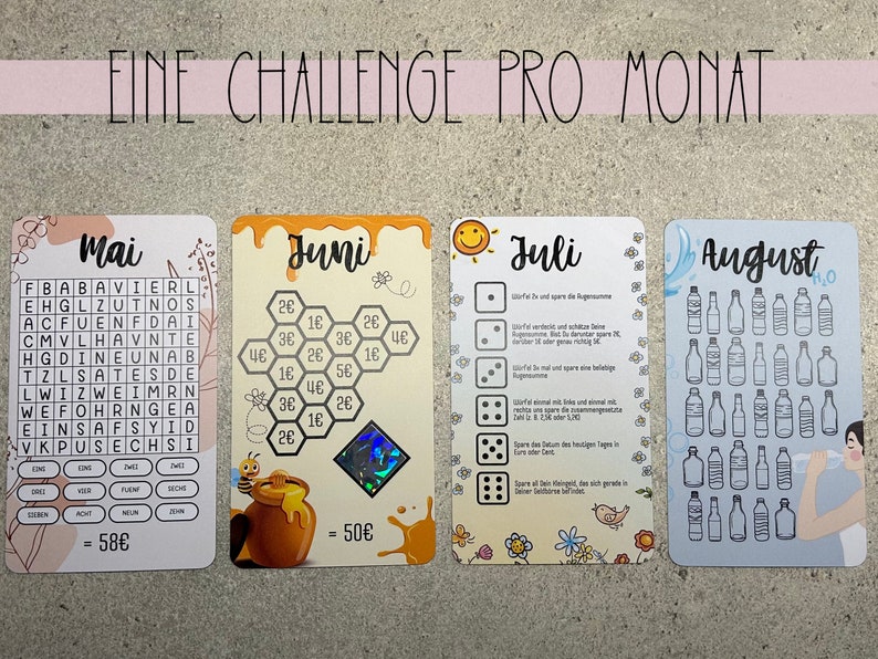 May include: Four colourful cards with the months of May, June, July, and August. Each card has a different challenge for the month. The May card has a word search puzzle. The June card has a honeycomb with numbers. The July card has a dice game. The August card has a picture of water bottles.