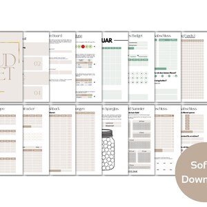 May include: A printable budget planner with a beige and green color scheme. The planner includes sections for tracking income, expenses, savings, and goals. The title of the planner is "mit BUDGET".